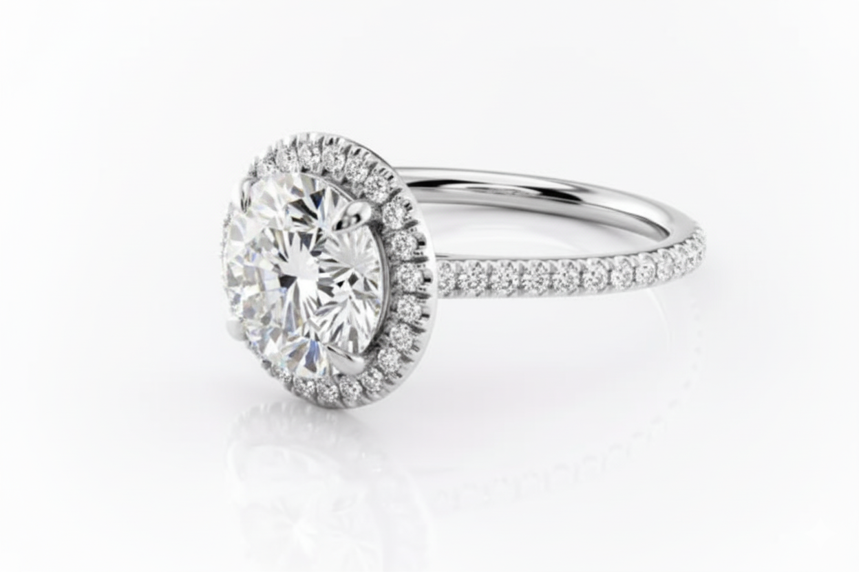 Round Cut Moissanite Engagement Ring, Halo Design with Hidden Halo