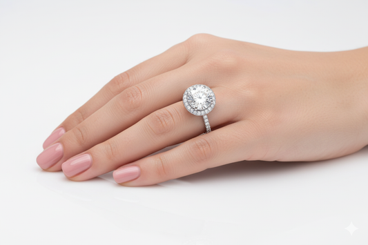 Round Cut Moissanite Engagement Ring, Halo Design with Hidden Halo