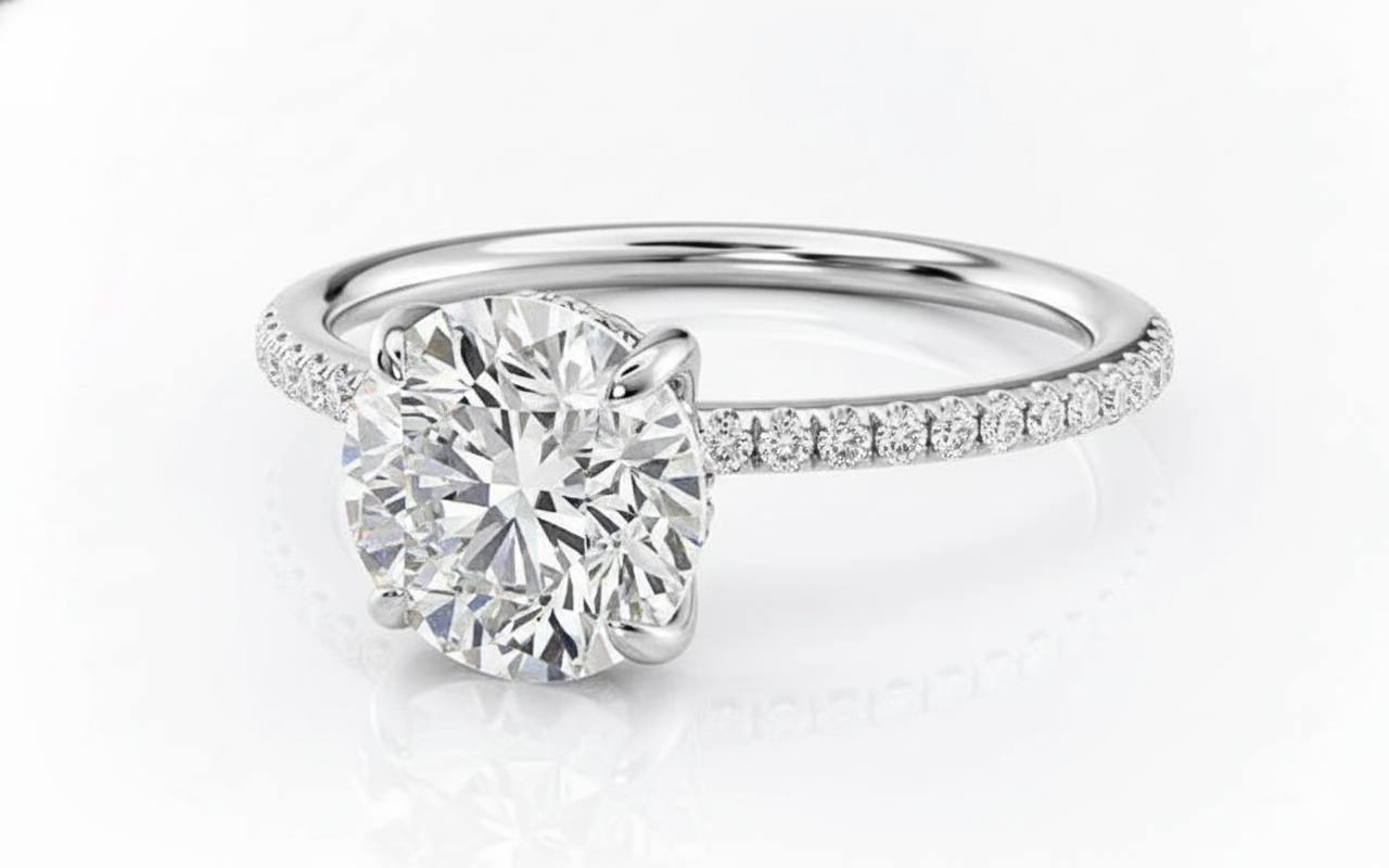 Round Cut Moissanite Engagement Ring, Hidden Halo Design