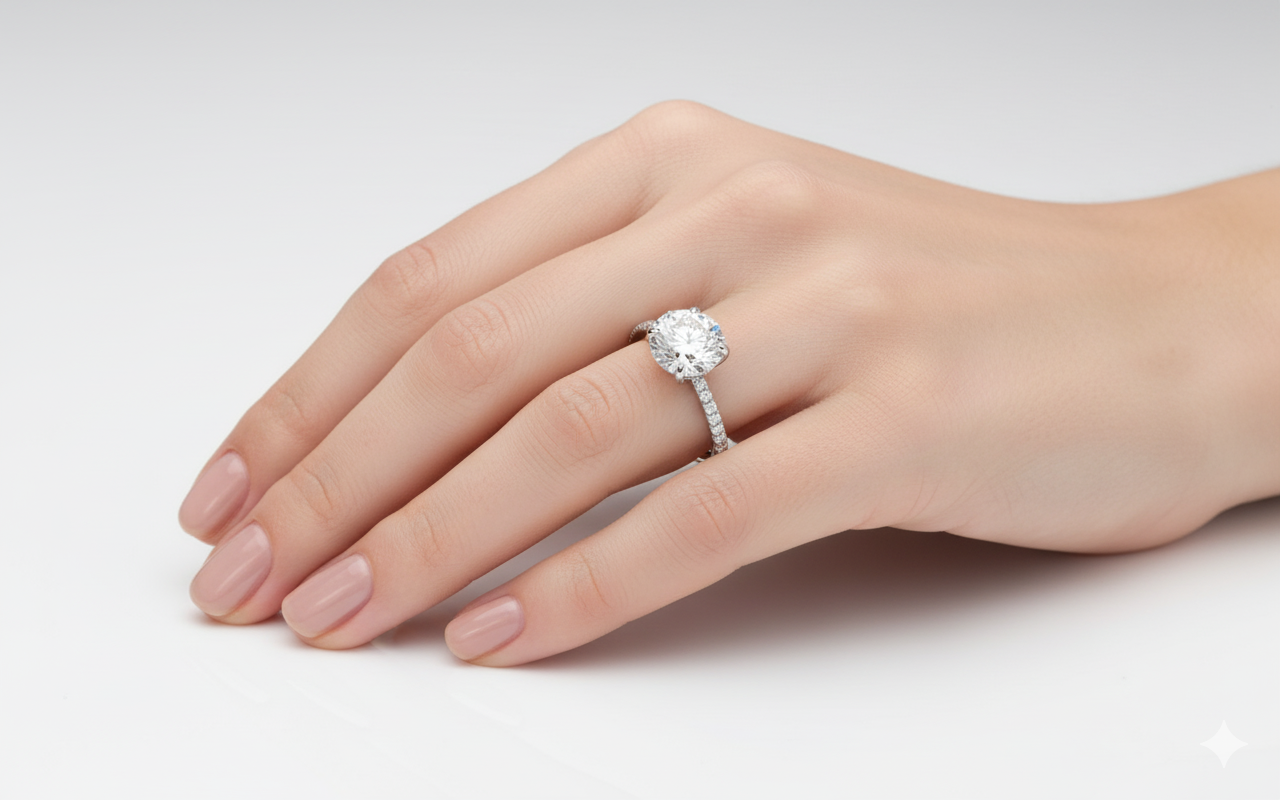 Round Cut Moissanite Engagement Ring, Hidden Halo Design