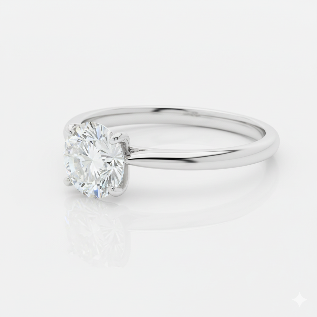 Round Cut Moissanite Engagement Ring, Hidden Halo Detail Design