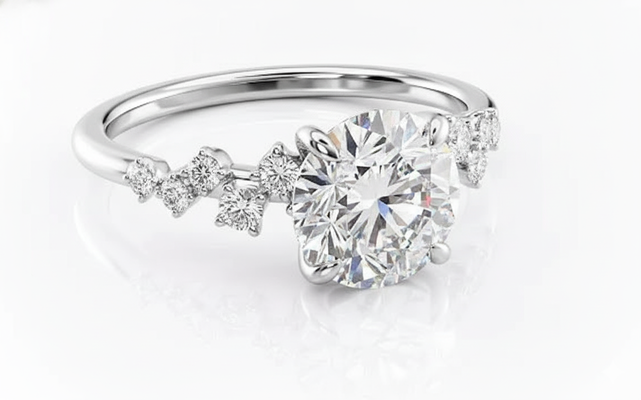 Round Cut Moissanite Engagement Ring, Hidden Halo Ring Style Design