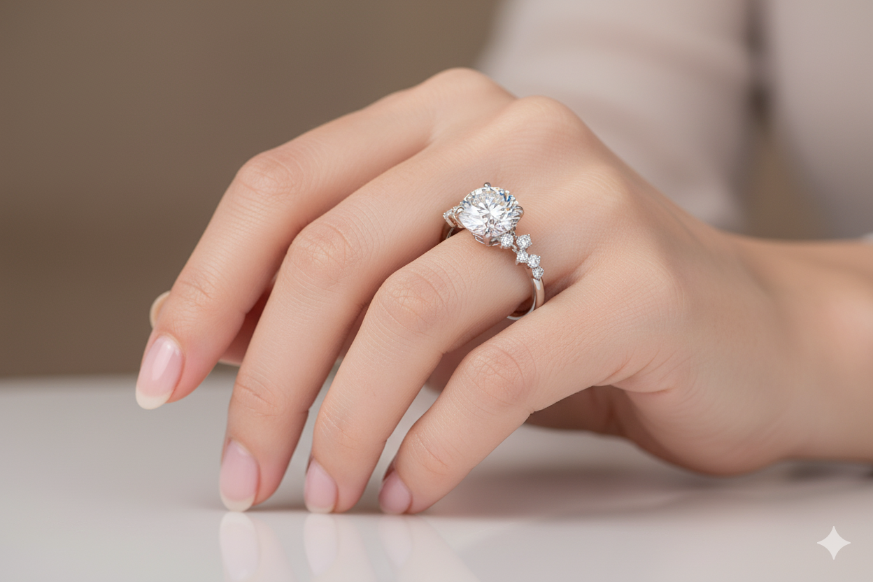 Round Cut Moissanite Engagement Ring, Hidden Halo Ring Style Design