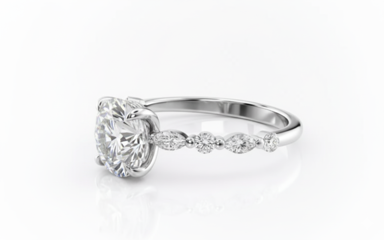 Round Cut Moissanite Engagement Ring, Hidden Halo Style Ring Design