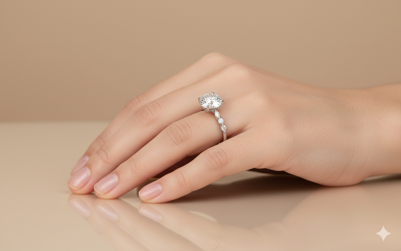 Round Cut Moissanite Engagement Ring, Hidden Halo Style Ring Design