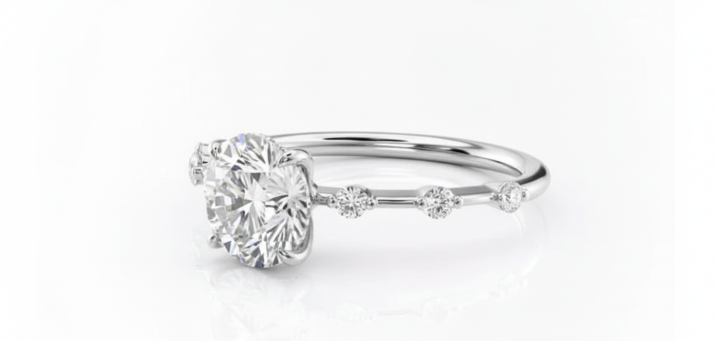 Round Cut Moissanite Engagement Ring, Hidden Halo with Side Stones Design