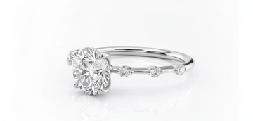 Round Cut Moissanite Engagement Ring, Hidden Halo with Side Stones Design