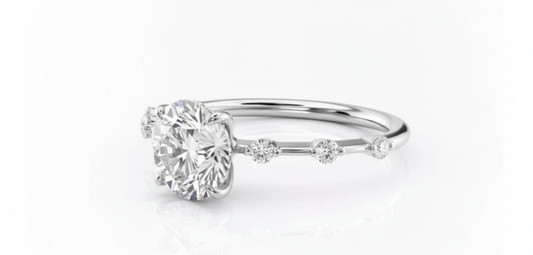 Round Cut Moissanite Engagement Ring, Hidden Halo with Side Stones Design