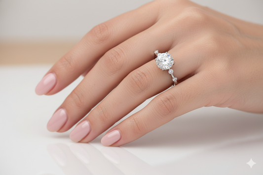 Round Cut Moissanite Engagement Ring, Hidden Halo with Side Stones Design