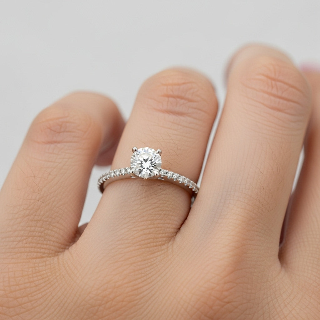 Round Cut Moissanite Engagement Ring, Pave Set Shoulder Style