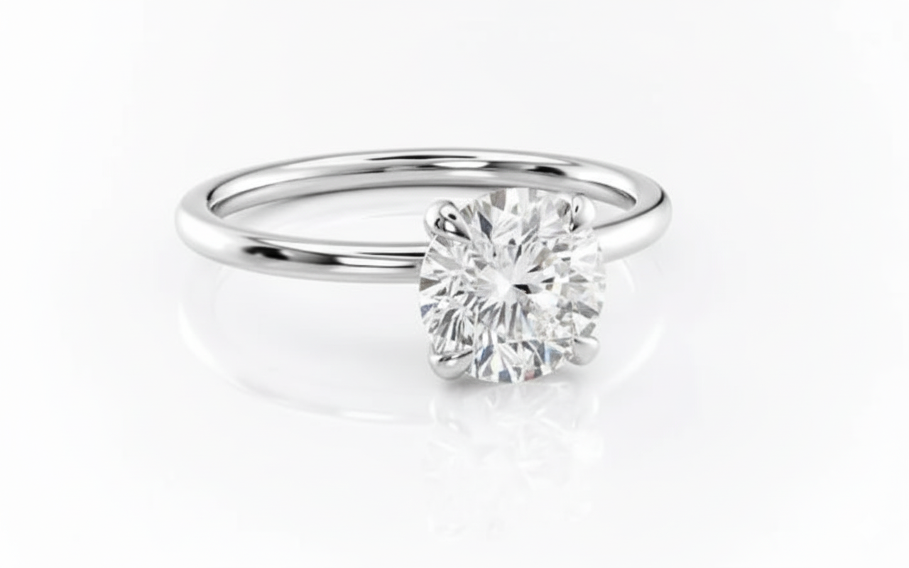 Round Cut Moissanite Engagement Ring, Plain Band With Hidden Halo Setting