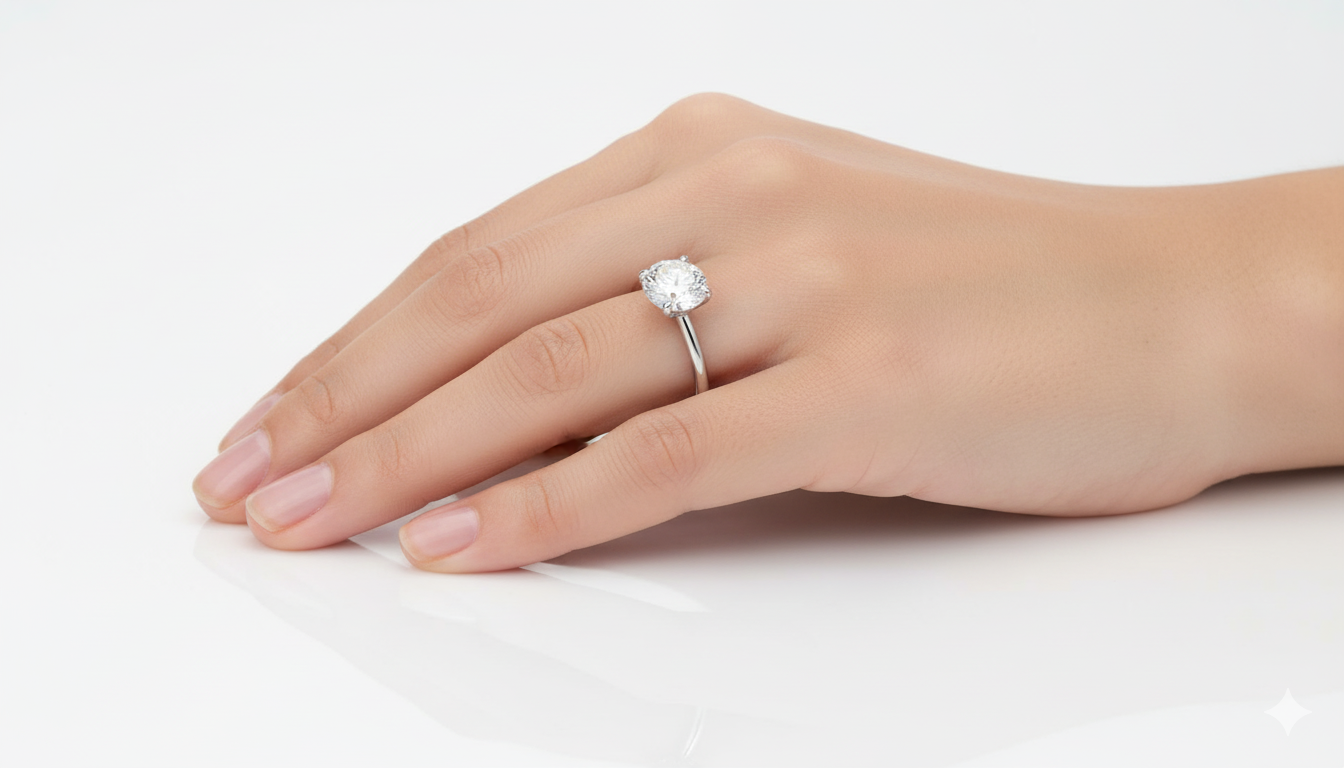 Round Cut Moissanite Engagement Ring, Plain Band With Hidden Halo Setting