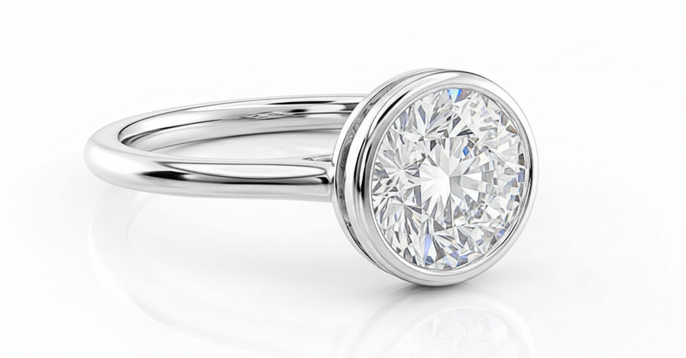 Round Cut Moissanite Engagement Ring, Rubover Setting With Hidden Halo Style