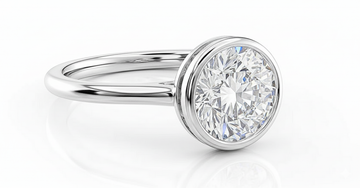 Round Cut Moissanite Engagement Ring, Rubover Setting With Hidden Halo Style