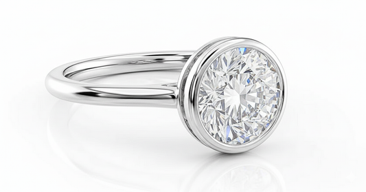 Round Cut Moissanite Engagement Ring, Rubover Setting With Hidden Halo Style