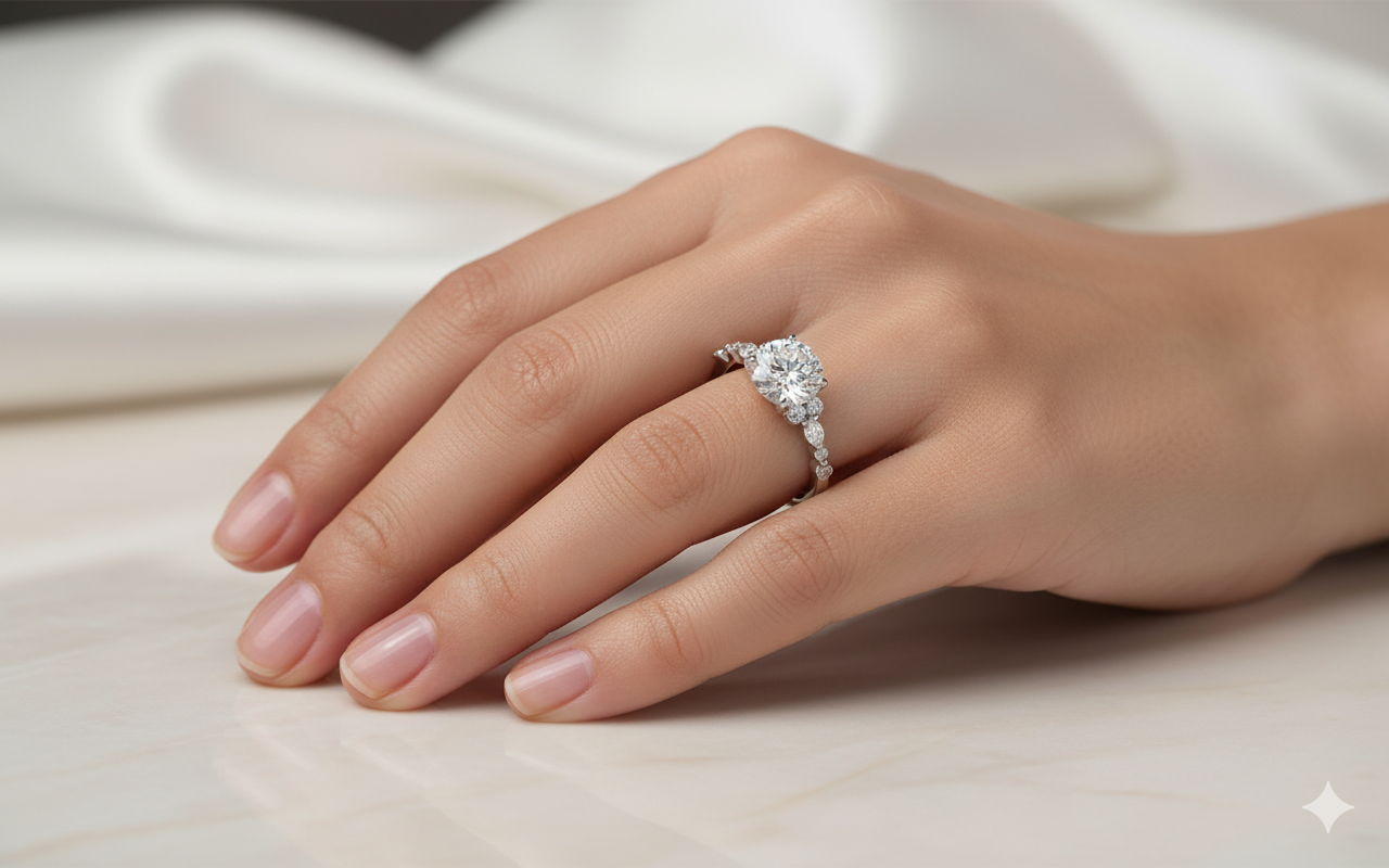 Round Cut Moissanite Engagement Ring, Shoulder Set Vintage Design Style