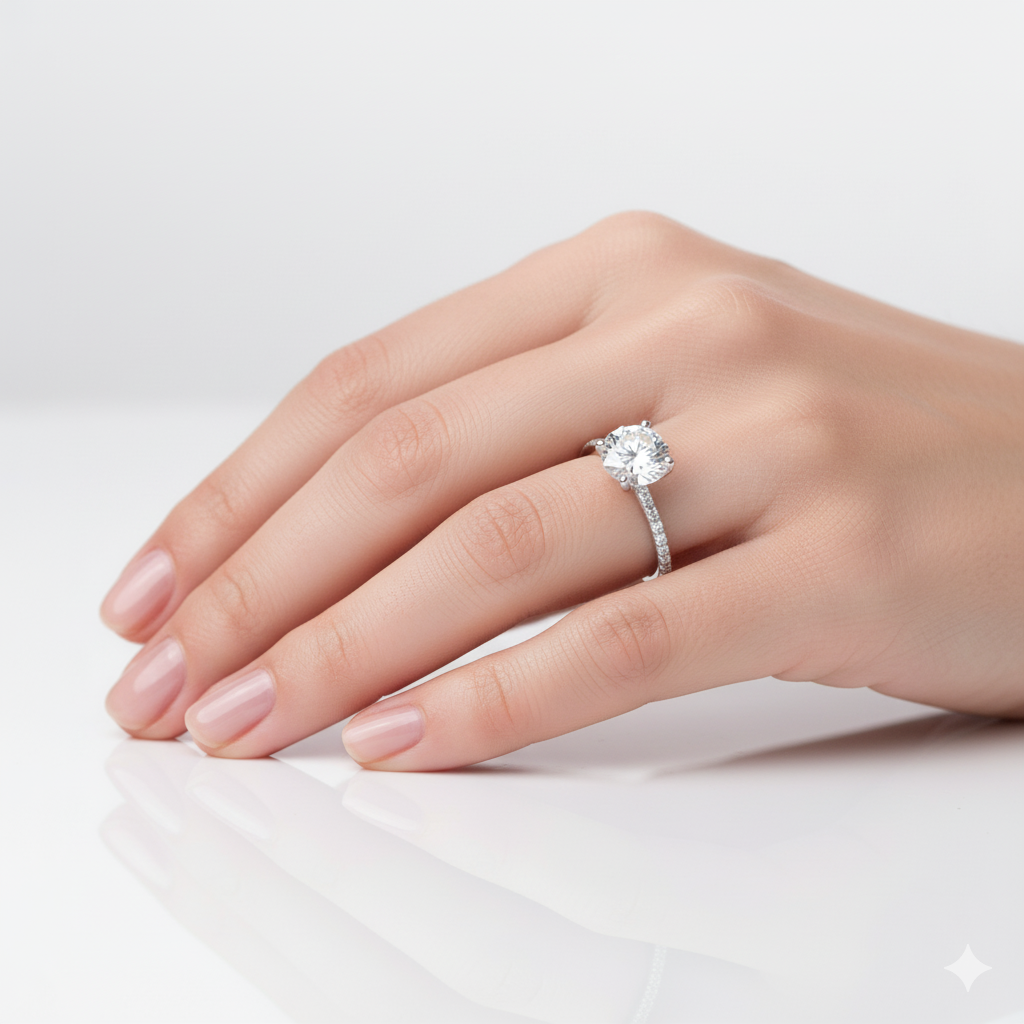 Round Cut Moissanite Engagement Ring, Shoulder Set With Hidden Halo Design