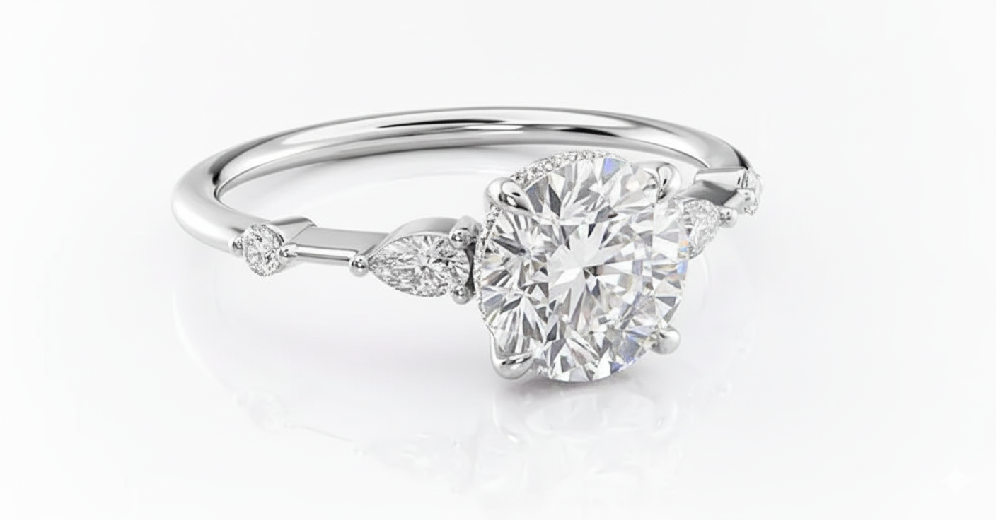 Round Cut Moissanite Engagement Ring, Stone Set Shoulders Style