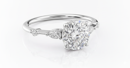 Round Cut Moissanite Engagement Ring, Stone Set Shoulders Style