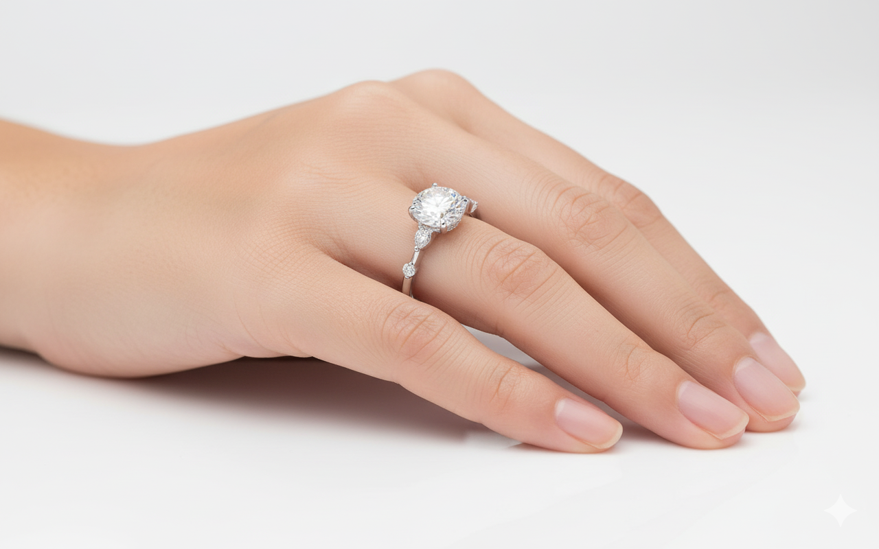 Round Cut Moissanite Engagement Ring, Stone Set Shoulders Style