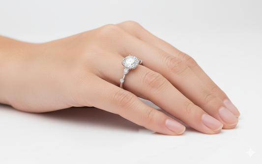 Round Cut Moissanite Engagement Ring, Stone Set Shoulders Style