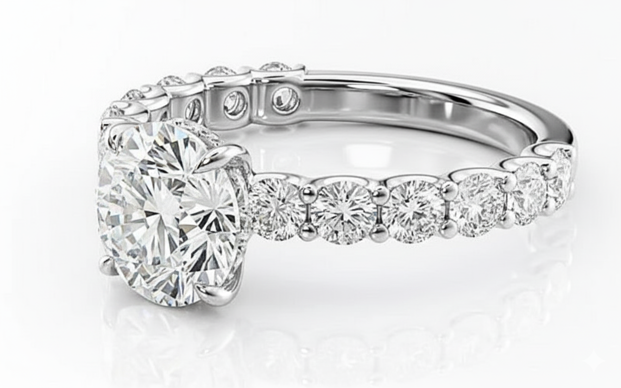 Round Cut Moissanite Engagement Ring, Stone Set Shoulders With Hidden Halo