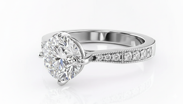 Round Cut Moissanite Engagement Ring, Stone Set Shoulders With Milgrain Edge Design