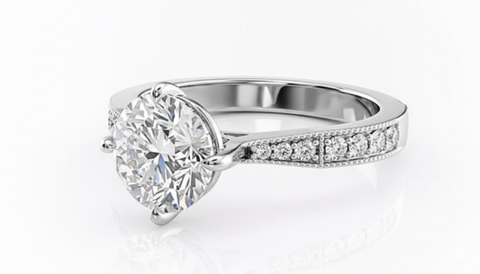 Round Cut Moissanite Engagement Ring, Stone Set Shoulders With Milgrain Edge Design