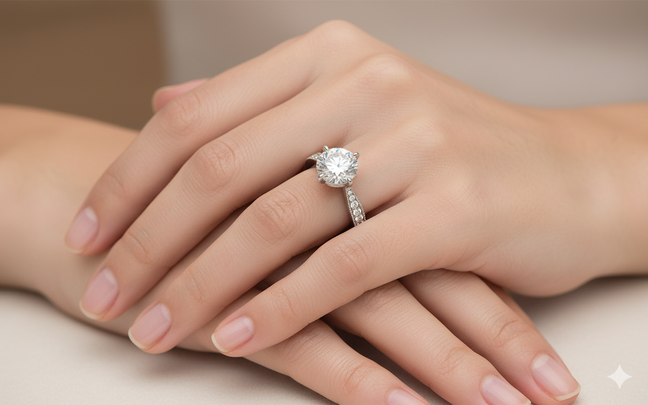 Round Cut Moissanite Engagement Ring, Stone Set Shoulders With Milgrain Edge Design