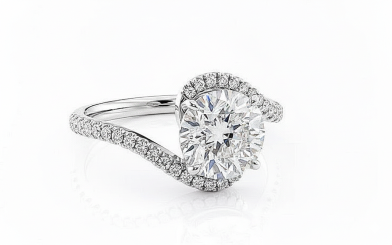 Round Cut Moissanite Engagement Ring, Twist Ring Style Design
