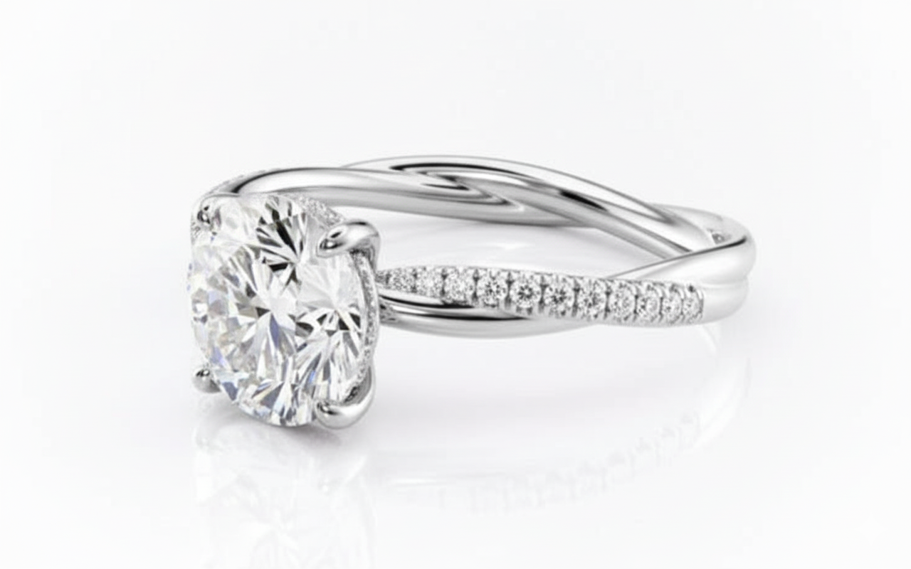 Round Cut Moissanite Engagement Ring, Twisted Shoulder Set With Hidden Halo