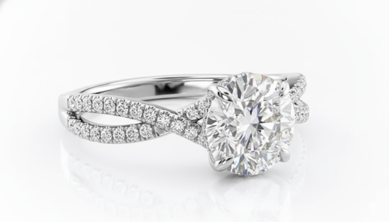 Round Cut Moissanite Engagement Ring, Twisted Stone Set Shoulders Style