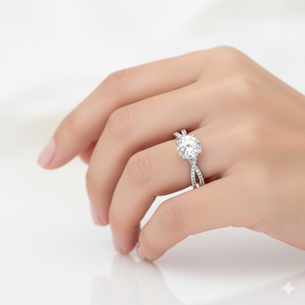 Round Cut Moissanite Engagement Ring, Twisted Stone Set Shoulders Style