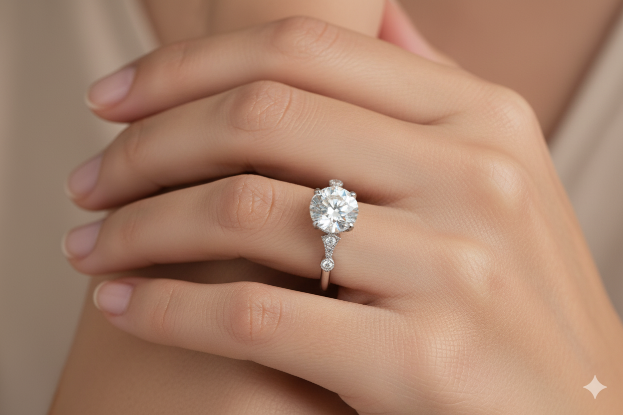 Round Cut Moissanite Engagement Ring, Vintage Inspired Design