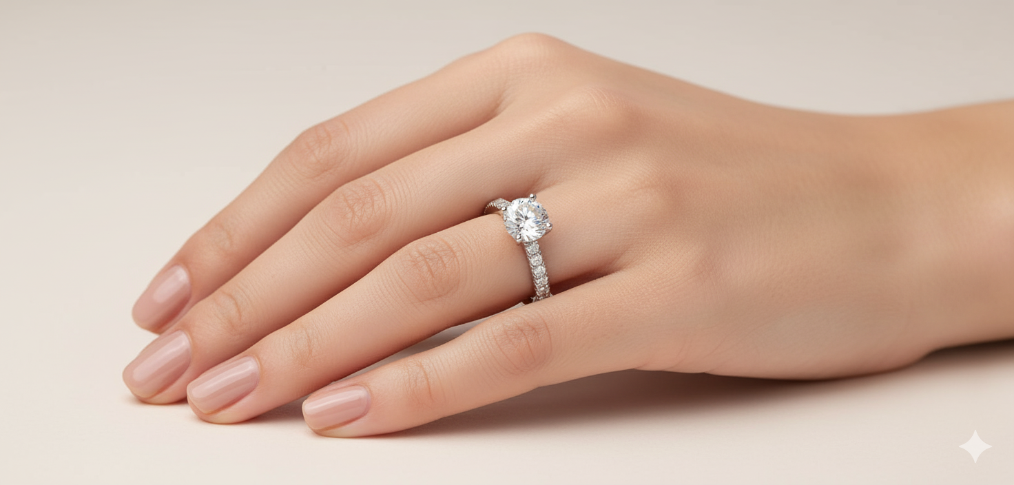 Round Cut Moissanite Engagement Ring, Vintage Inspired Design Style