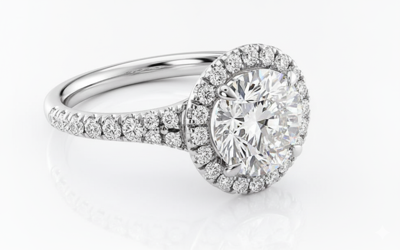 Round Cut Moissanite Engagement Ring with Halo and Split Shank