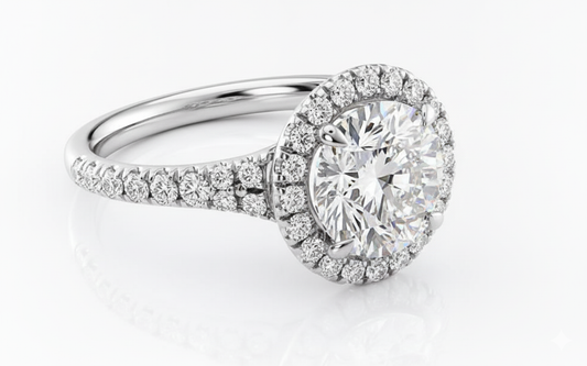 Round Cut Moissanite Engagement Ring with Halo and Split Shank