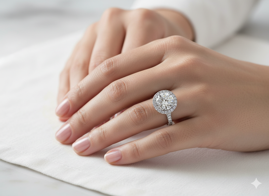 Round Cut Moissanite Engagement Ring with Halo and Split Shank