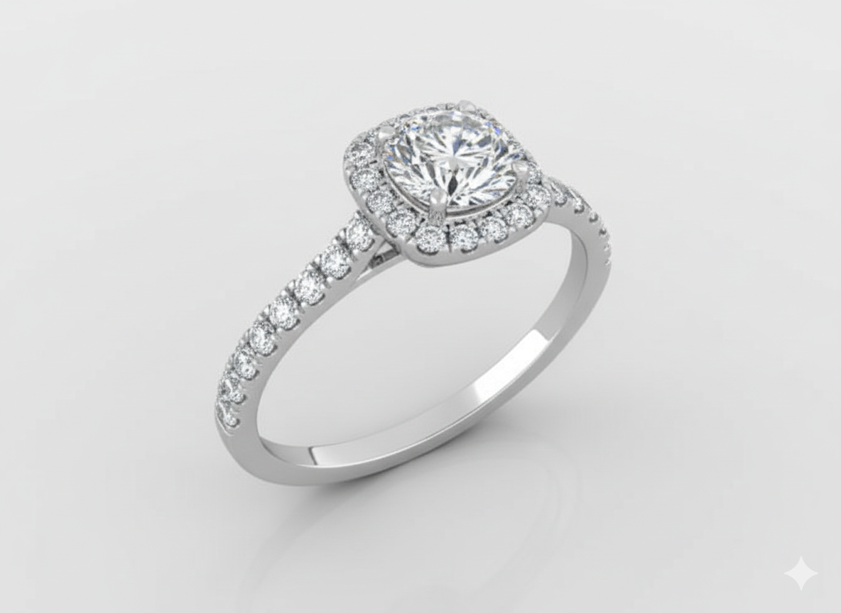 Round Cut Moissanite Halo Engagement Ring, Classic Tiffany Style Setting