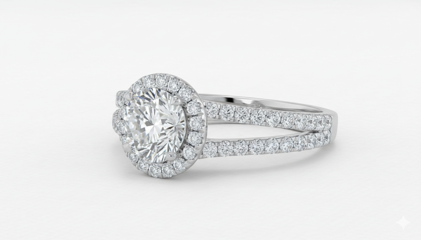 Round Cut Moissanite Halo Engagement Ring, Tiffany Style Design
