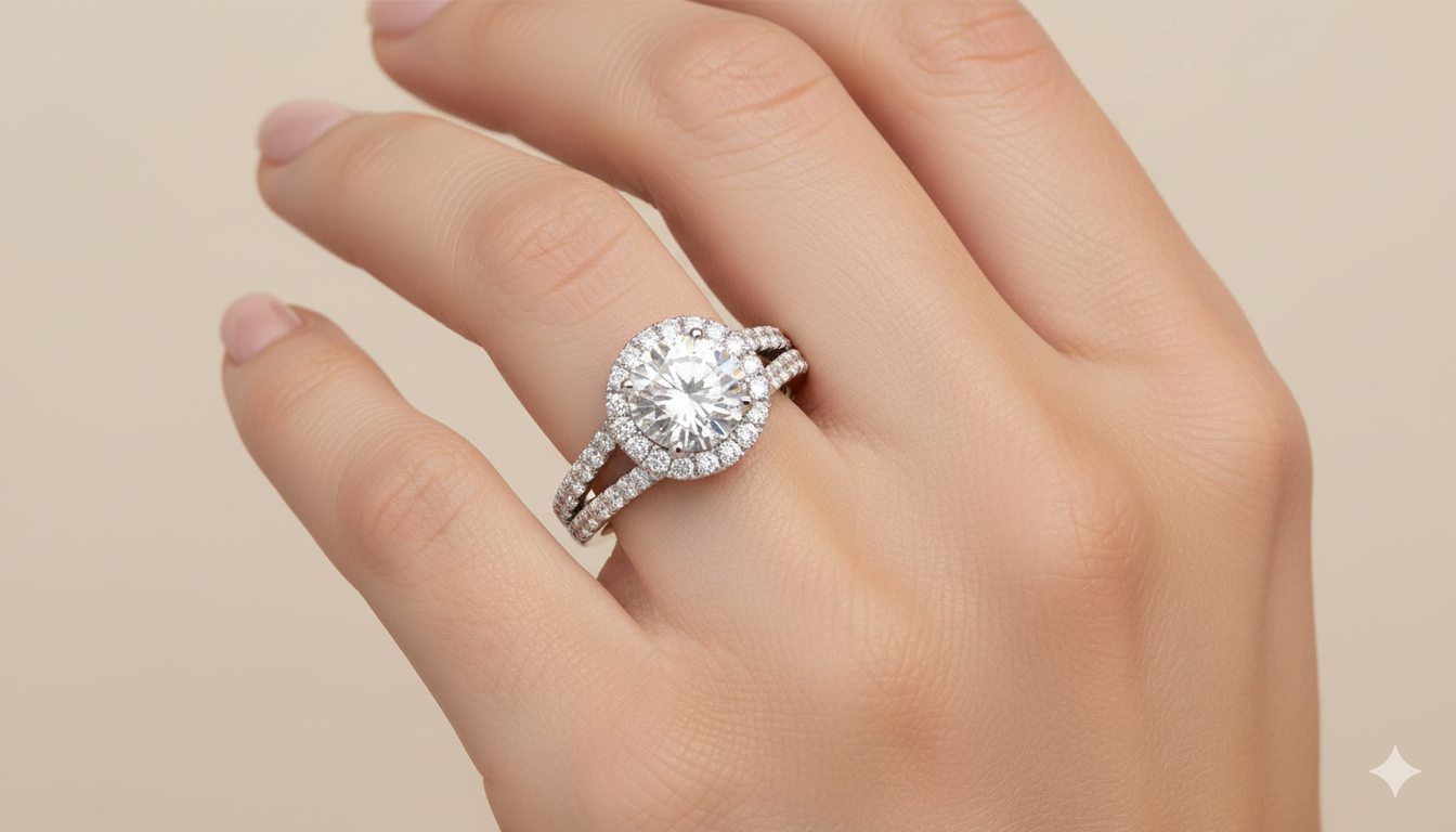 Round Cut Moissanite Halo Engagement Ring, Tiffany Style Design