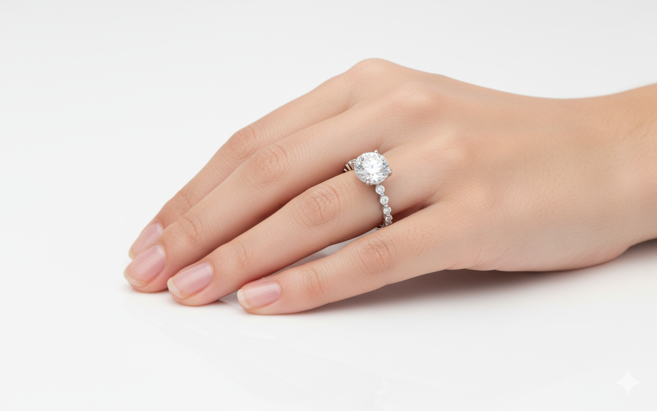 Round Cut with Hidden Halo Design Moissanite Engagement Ring, Shoulder Set