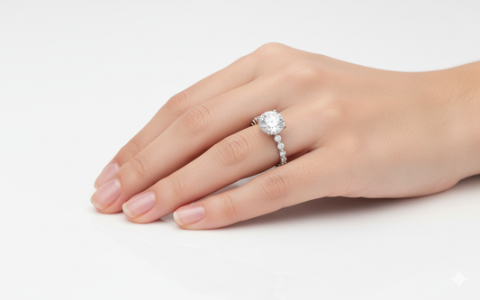 Round Cut with Hidden Halo Design Moissanite Engagement Ring, Shoulder Set