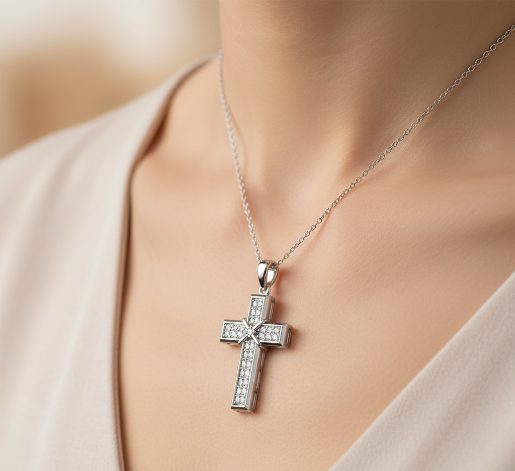 Round Cut Cross Moissanite Pendant, Rub-Over Setting