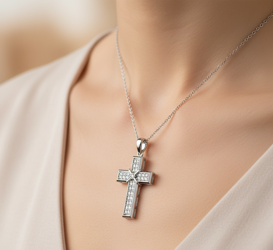 Round Cut Cross Moissanite Pendant, Rub-Over Setting