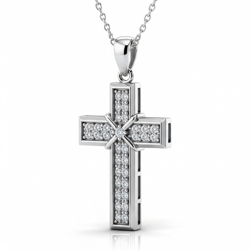 Round Cut Cross Moissanite Pendant, Rub-Over Setting