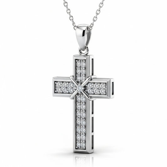 Round Cut Cross Moissanite Pendant, Rub-Over Setting
