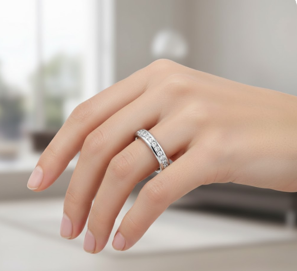 Round Cut Full Eternity Moissanite Wedding Ring, Bezel Channel Setting