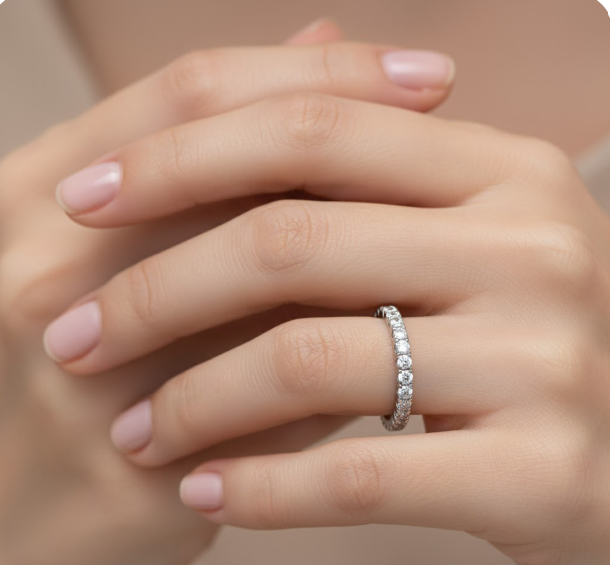 Round Cut Full Eternity Moissanite Wedding Ring, Classic Embed Design