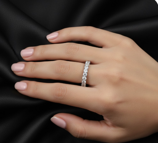 Round Cut Full Eternity Moissanite Wedding Ring, Claw Setting